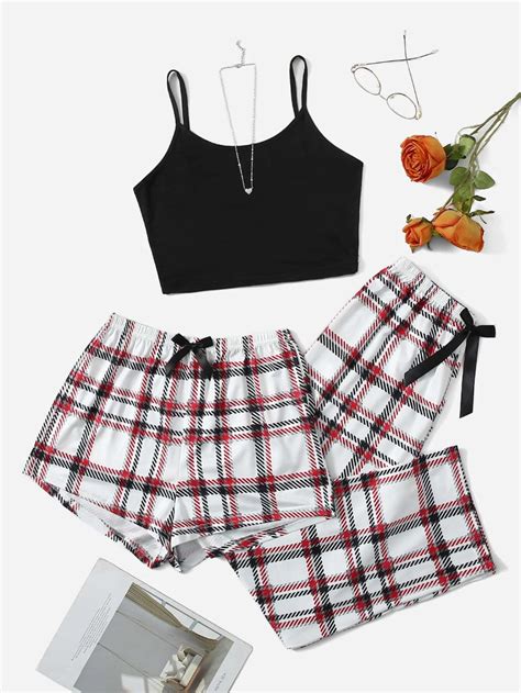 3pcs Plaid Bow Front Pj Set Cute Pajama Sets Cute Simple Outfits Easy Trendy Outfits