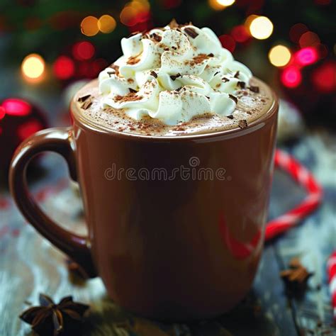 Festive Hot Chocolate With Whipped Cream And Cocoa Powder In A Brown Mug Stock Illustration