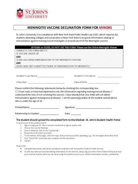 Fillable Online MENINGITIS VACCINE DECLINATION FORM FOR MINORS St