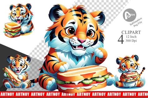 4 Tiger Eating Sandwich Designs & Graphics