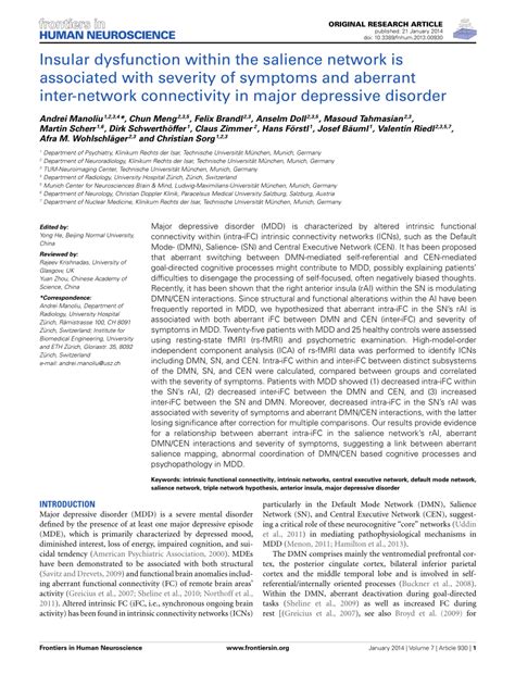 Pdf Insular Dysfunction Within The Salience Network Is Associated With Severity Of Symptoms