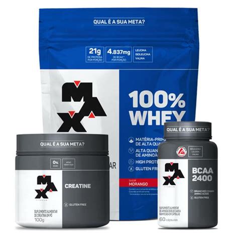 Combo Whey 900g Refil Bcaa 60 Caps Creatina 100g Max Titanium Kit