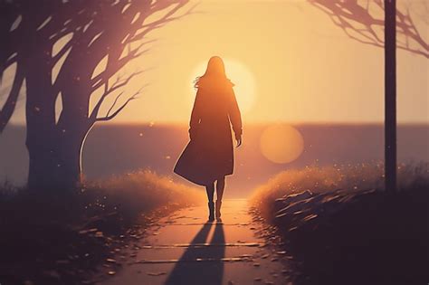 Una Mujer Caminando Por Un Sendero Al Atardecer Foto Premium