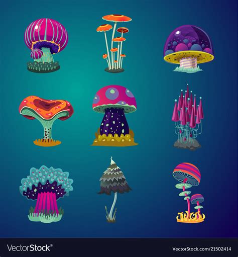 Magic Cartoon Mushrooms Icons Set Fantasy Object Vector Image