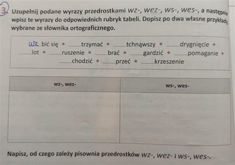 Uzupełnij podane wyrazy przedrostkami wz wez WS Wes a następnie