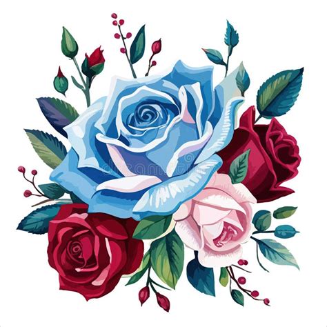 Floral Bouquet Illustration Red White And Blue Flowers Roses Stock