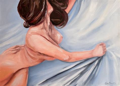 In White Bedsheet Erotic Sensual Nude Naked Woman Painting By Daria