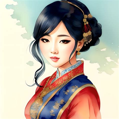 Premium Photo Illustration Watercolor Drawing Portrait Asian Woman