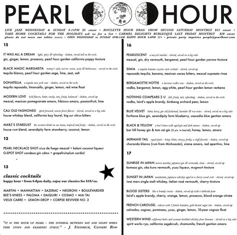 Menu — Pearl Hour