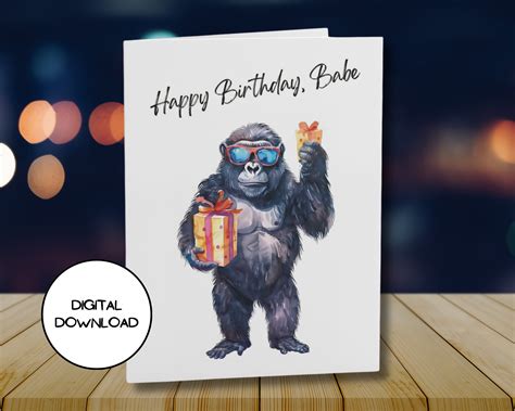 Printable Funny Gorilla Happy Birthday Card L Fun Greeting Postcard ...