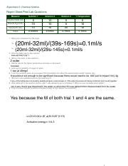 Experiment Final Pdf Experiment Chemical Kinetics Report Sheet