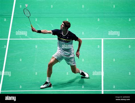 Denmark S Viktor Axelsen In Action Against India S Lakshya Sen In The