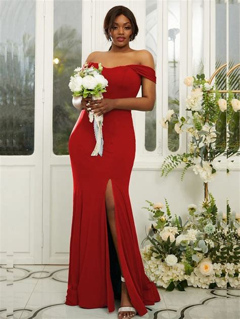 Ppbd057 Red Mermaid Plus Size Bridesmaid Dress With Split