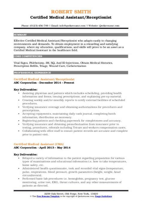 Certified Medical Assistant Resume Samples Qwikresume