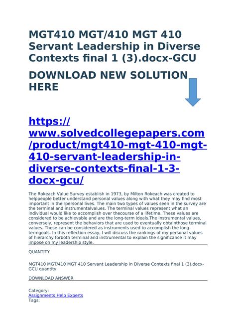 MGT410 MGT 410 MGT 410 Servant Leadership In Diverse Contexts Final 1