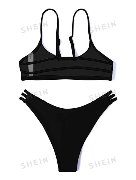 SHEIN Swim Basics Solid Bikini Set Cami Bra Cut Out High Cut Bottom 2