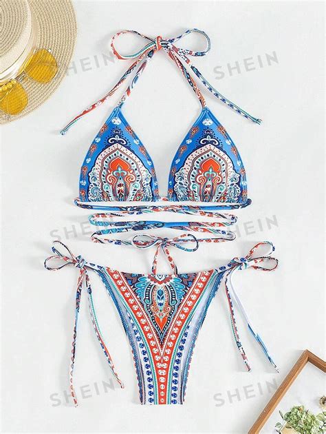 SHEIN Swim Conjunto De Bikini Estampado Para Mujer Carnaval Verano