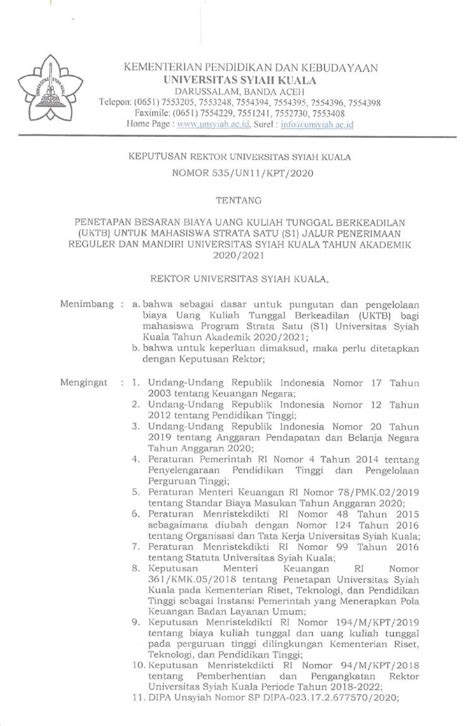 Pdf Universitas Syiah Kuala Ukt Penetapan Besaran Biaya I Jang