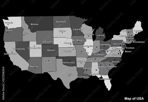 Map of USA with regions and cities. White and black graphic ...