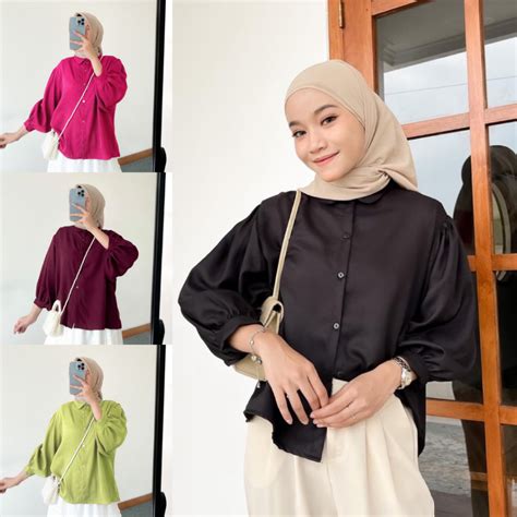 Jual Blouse Lengan Serut Oversize Linen Crinkle Airflow Baju Kemeja