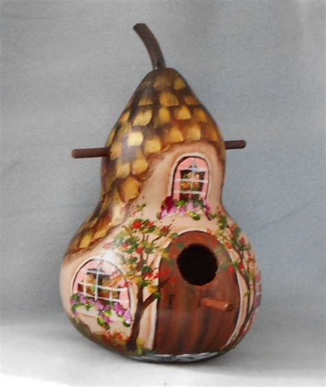 Hand Painted Brown Thatched Cottage Birdhouse Gourd By HouseOfGourds On