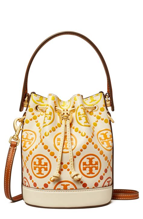 Tory Burch Mini T Monogram Embossed Leather Bucket Bag Editorialist