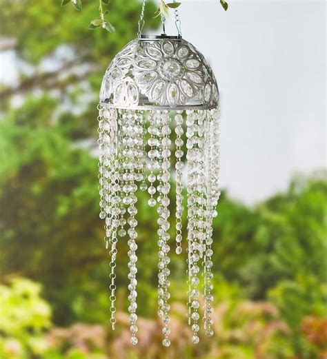 Metal Outdoor Solar Chandelier With Clear Acrylic Beads Wind And Weather