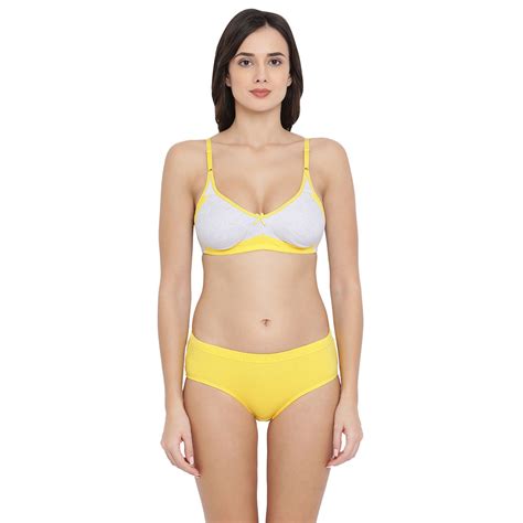 Buy Clovia Cotton Non Wired Non Padded Full Cup Bra And Mid Waist Hipster Panty Yellow Online