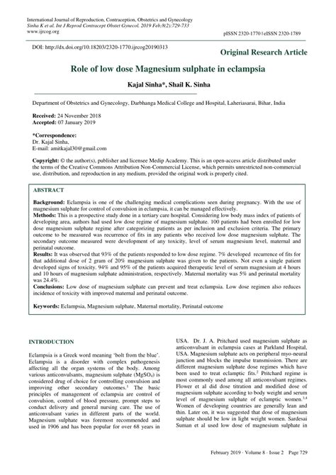 Pdf Role Of Low Dose Magnesium Sulphate In Eclampsia