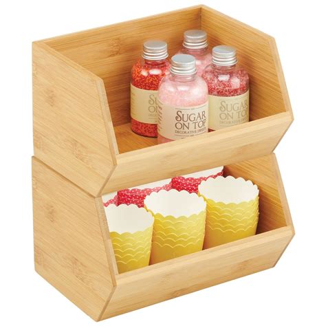 MDesign Bamboo Stackable Food Storage Organization Bin Basket Wide