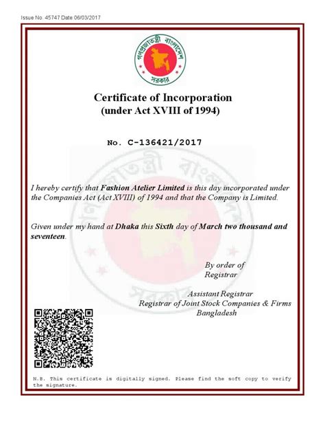 Incorporation Certificate after Company Registration in Bangladesh ...