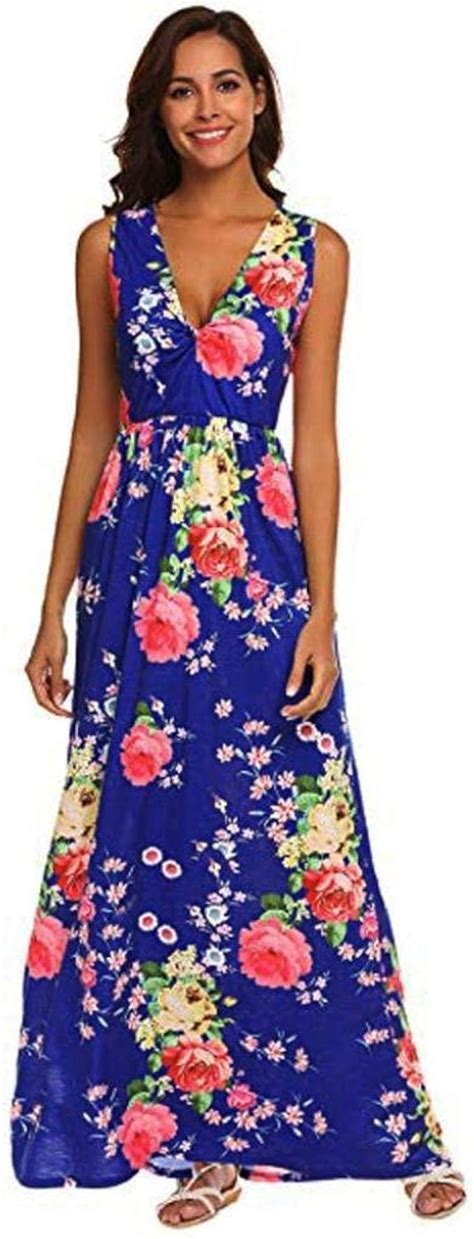 Kleid Damen Frauen Sleeveless Ausschnitt Bedruckte Sommer Blumen V Maxi