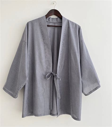 Men S Haori Kimono Jacket Lightweight Cotton Striped Noragi