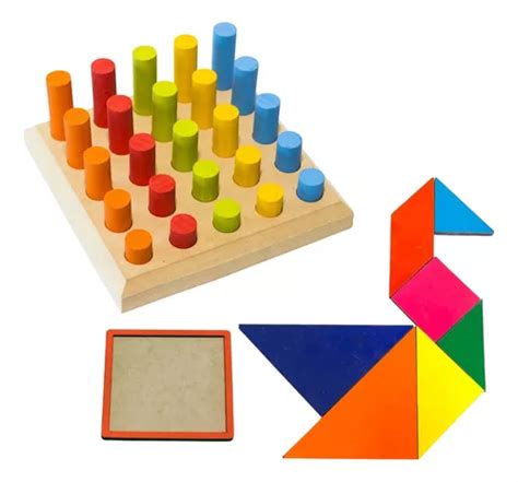 Brinquedos Educativo Pinos Encaixe Tangram Madeira Color