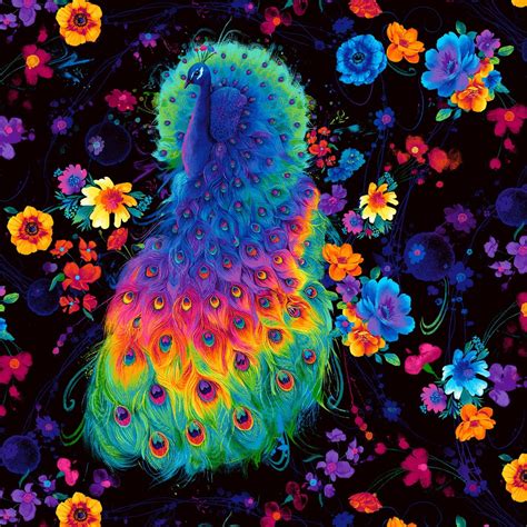 Rainbow Peacock And Flowers Cotton By Timeless Treasures