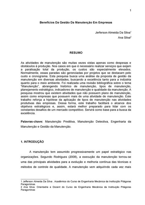 Benefícios Da Gestão Da Manutenção Em Empresas TCC Benefícios Da