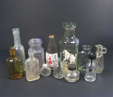 Old Glass Bottle Collection Of 12 Vintage And Antique Glass Bottles