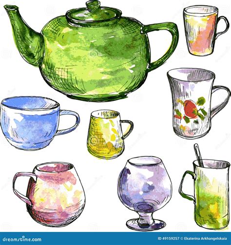 Set Of Teacups And Teapot Stock Vector Illustration Of Isolated 49159257