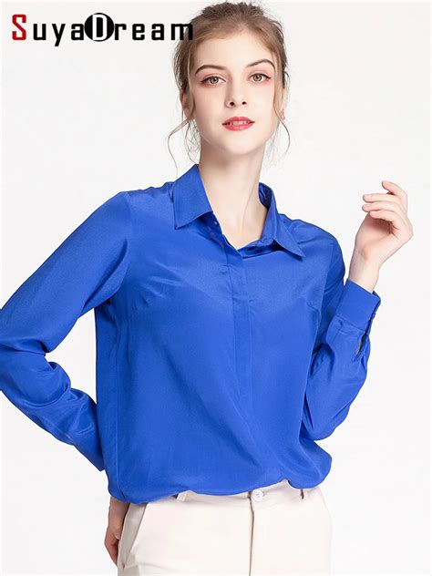 Suyadream Women Silk Shirt Silk Crepe Long Sleeved Solid Blouse