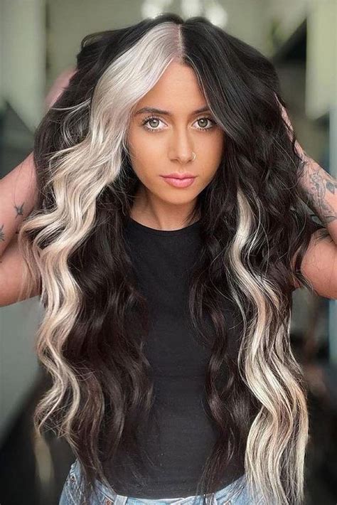 Platinum Blonde And Jet Black Split Dye Hair Split Dyed Hair Color