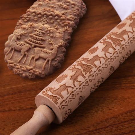 Cm Christmas Rolling Pin Engraved Carved Wood Embossed Rolling Pin