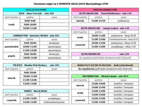 Terminarz zajęć na I semestr 2023 2024 Skarżyski Uniwersytet