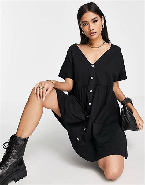 Asos Design Button Through Mini Smock Dress With Pockets In Black Asos