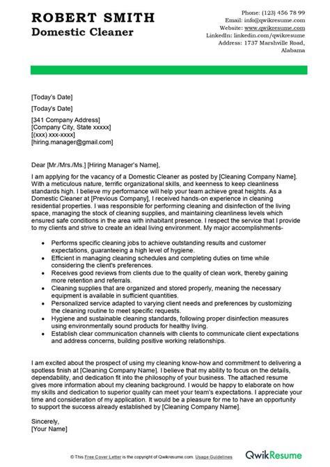 Domestic Cleaner Cover Letter Examples Qwikresume