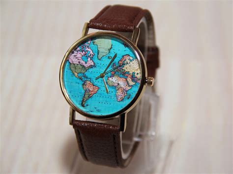 Wristwatches Travelers Wristwatch World Map Globe Clock Etsy