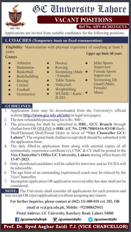 Latest Jobs GC University Lahore June 2023 Advertisement