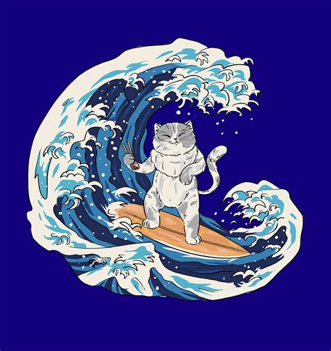 Japanese Wave Surfing Cat Digital Art By Yosido Fine Art America