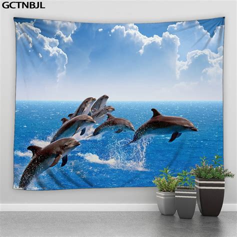 Dolphin Tapestry Wall Hanging Marine Life Fish And Coral In Underwater