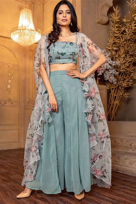 Blue Crop Top Palazzo Set With Shrug Artofit