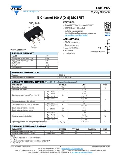 Si3122DV Datasheet N Channel 100V MOSFET